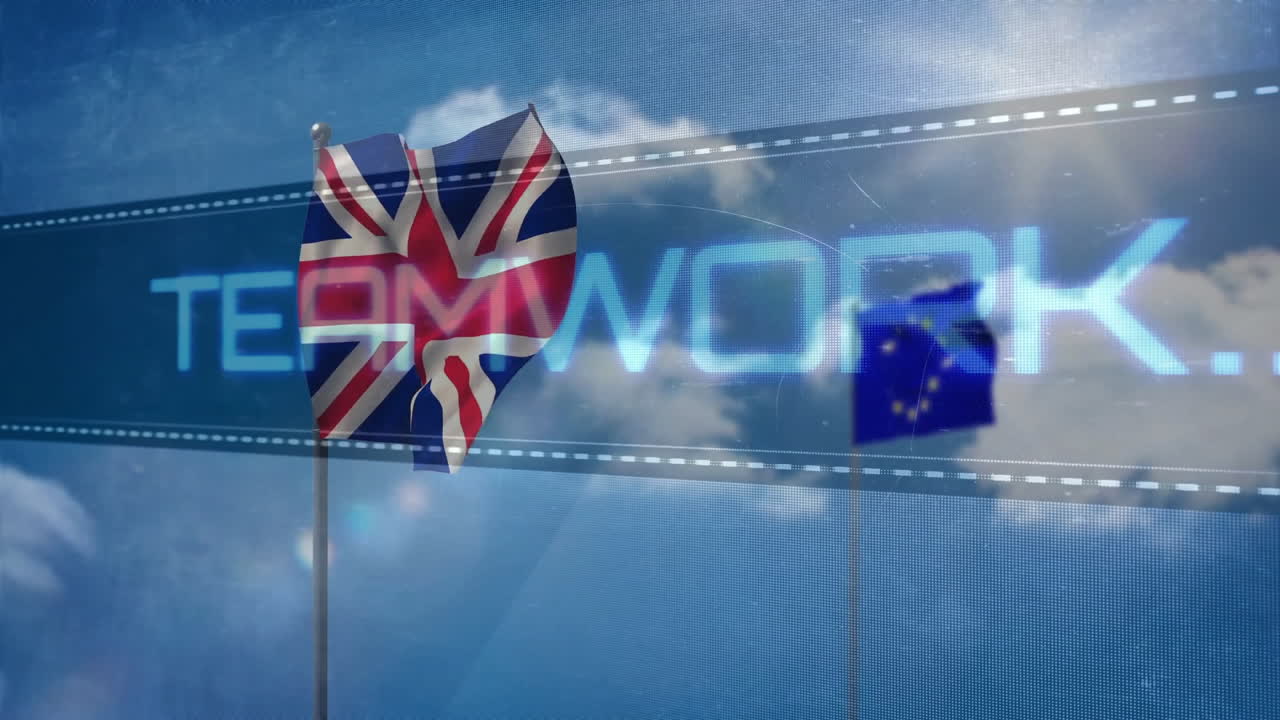 영국과 유럽 연합의 발이 팀워크 텍스트 애니메이션에서 흔들리고 있습니다.