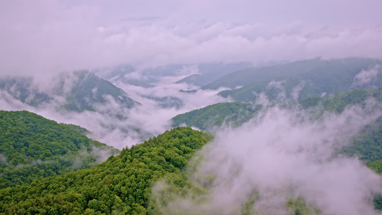 Cinematic flight over a dreamy, mist-wrapped mountain world