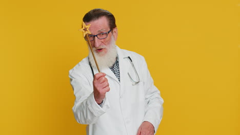 magician wizard doctor man gesturing with magic wand making wish come true casting magician spell