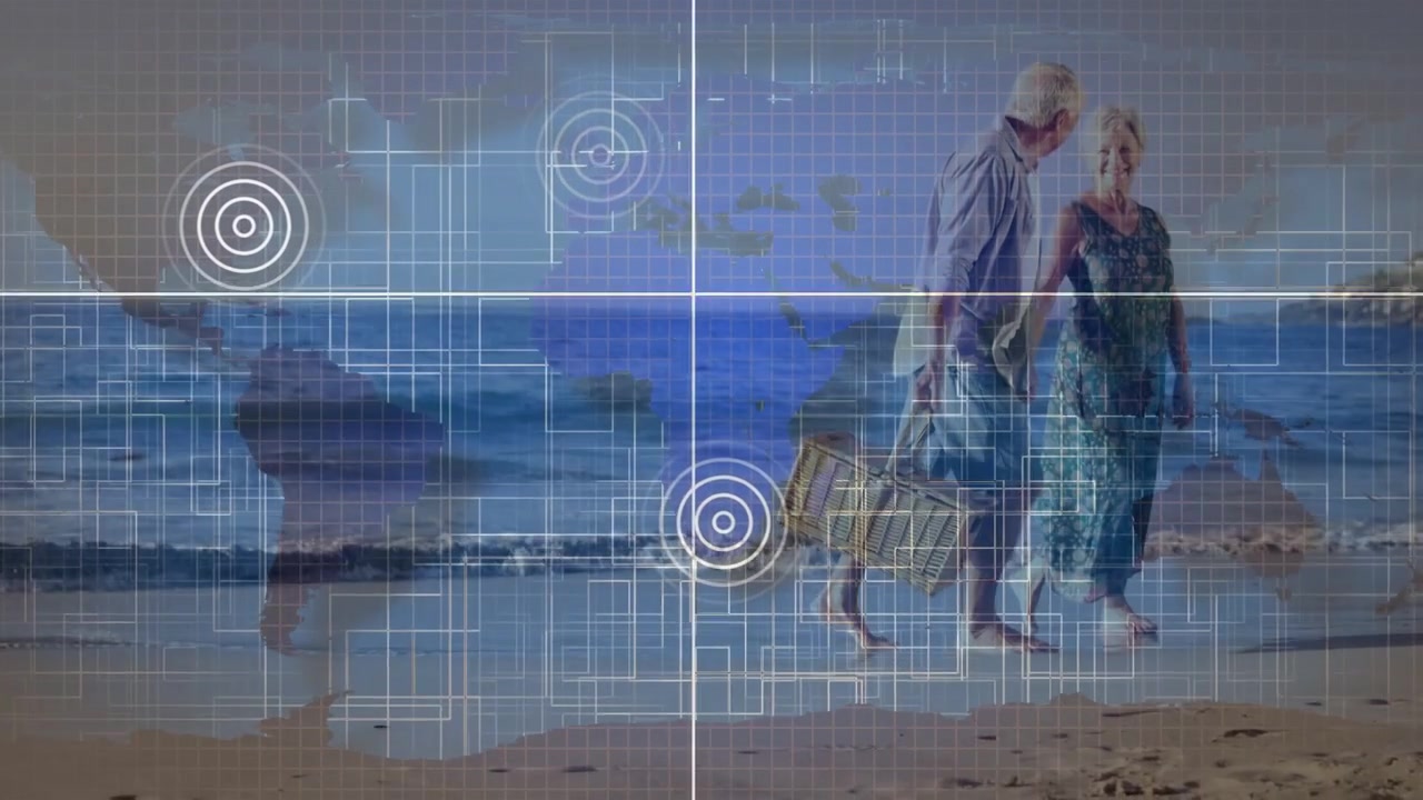 Couple starting walk along shore, carrying picnic basket for outing, grid overlaying couple, travel