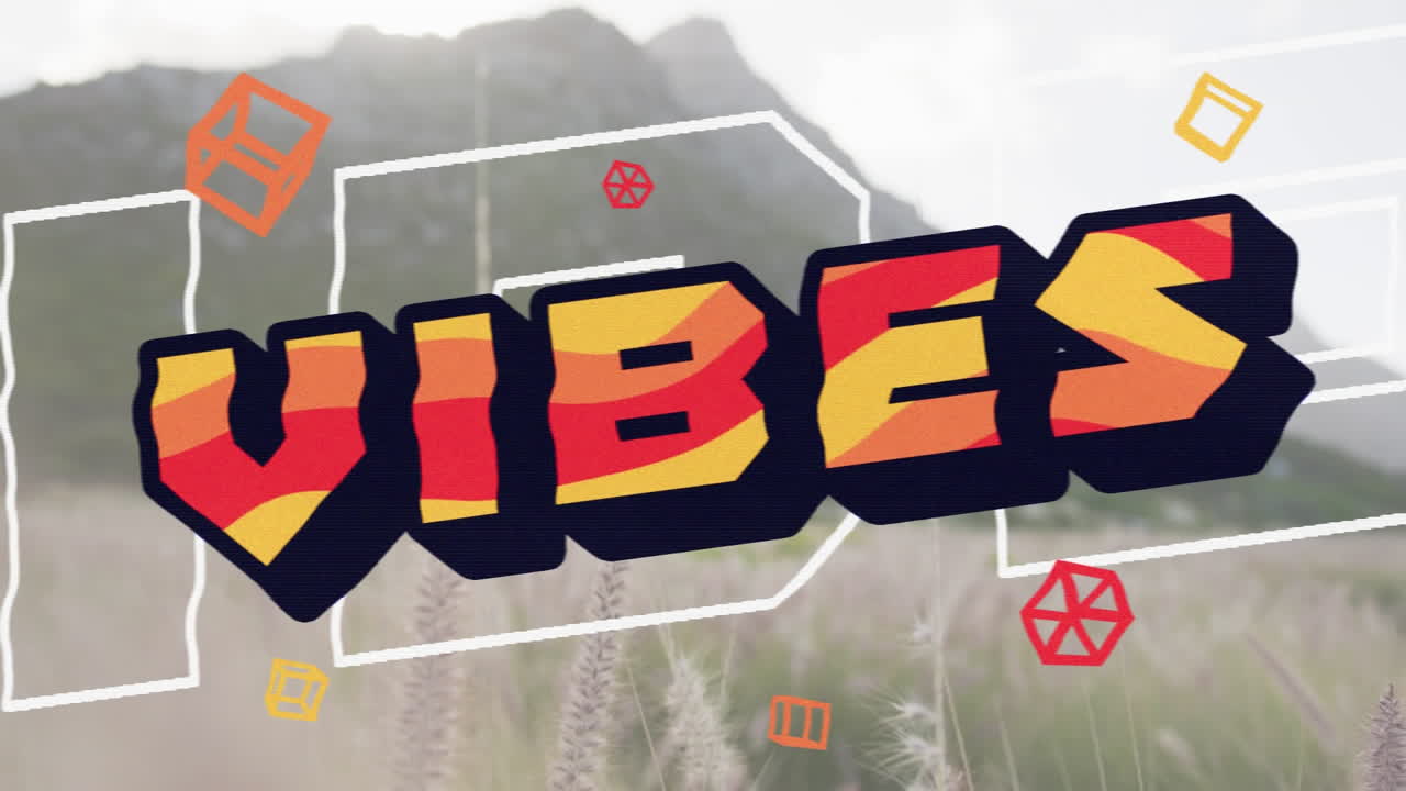 animación de las palabras buenas vibraciones en naranja y negro sobre el paisaje montañoso