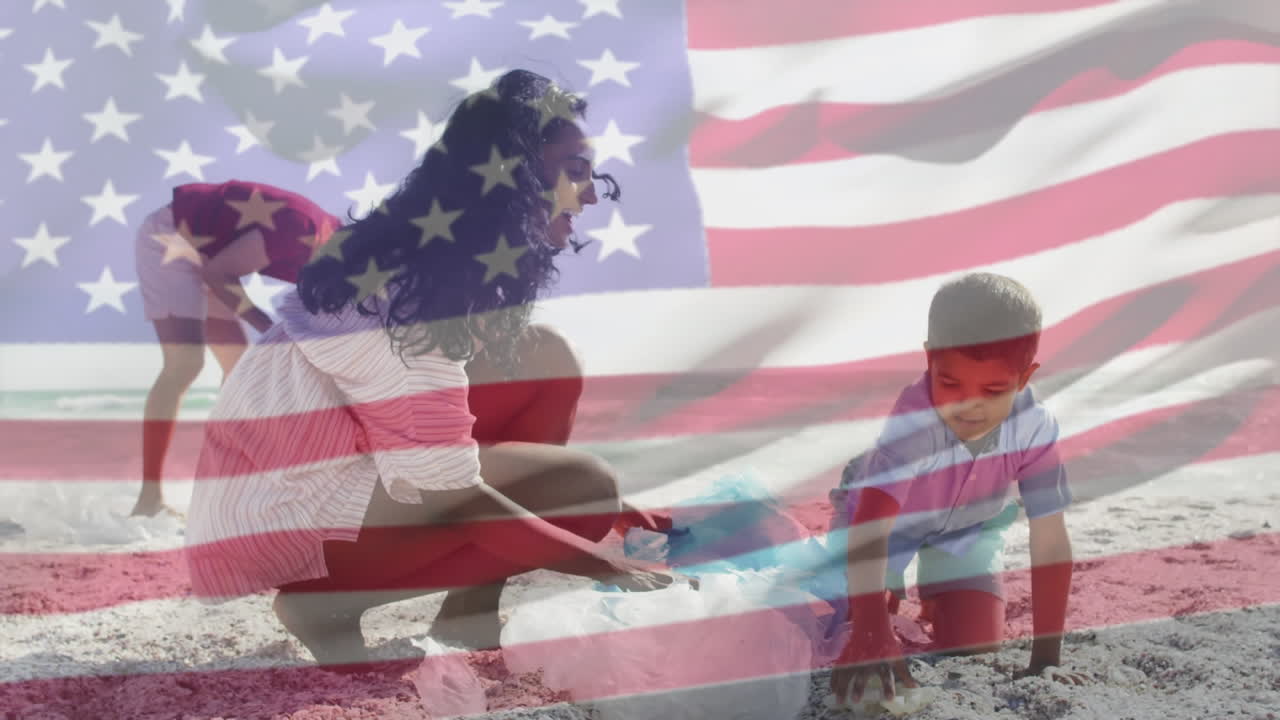 animación de la bandera de los estados unidos de américa sobre una madre biracial reciclando con su hijo en la playa.