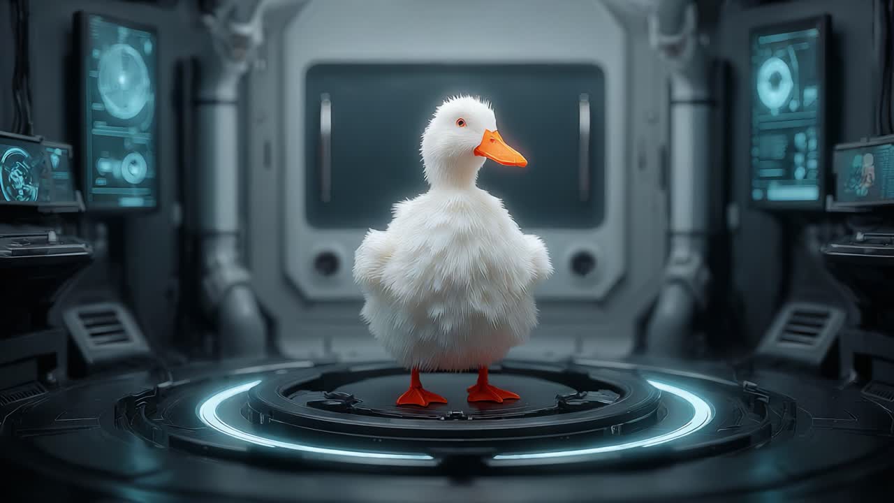 An Adorable Animated White Duck Character in a High-Tech Futuristic Environment, Surrounded by Interactive Displays and Lights, Evoking a Blend of Playfulness and Technology