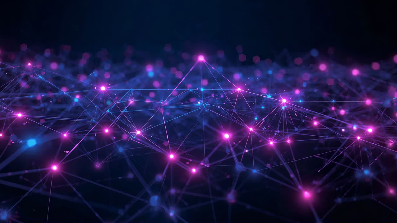 Pulserer rytmisk, glødende magenta-cyan noder sender data langs linjer over en mørk gradient