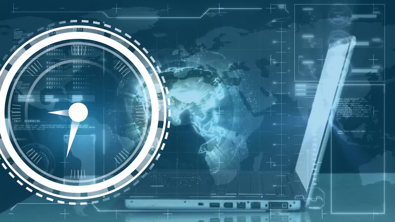 animación de reloj en movimiento y procesamiento de datos sobre empresario caucásico usando computadora portátil y mapa del mundo