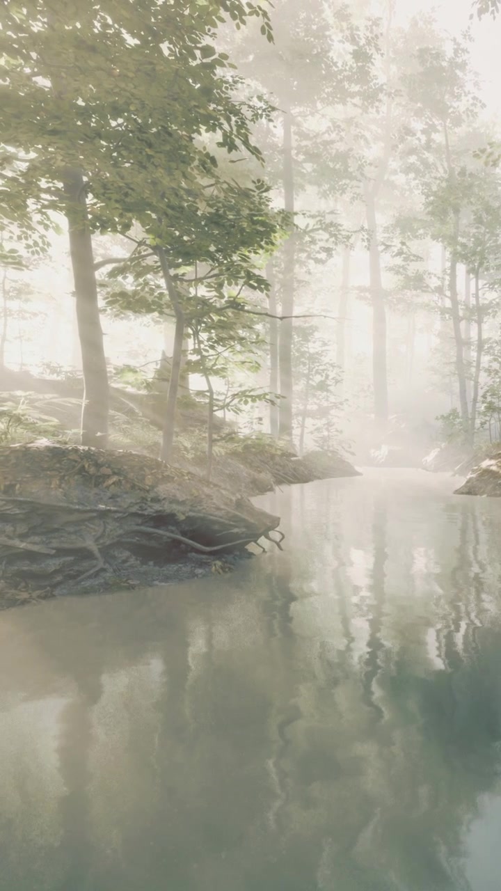 Misty forest scene by a quiet river in early morning light