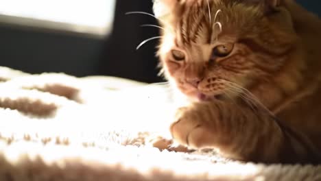 a charming feline encounter: captivating moments of a lively cat exploring its soft surroundings in warm, sunlit comfort