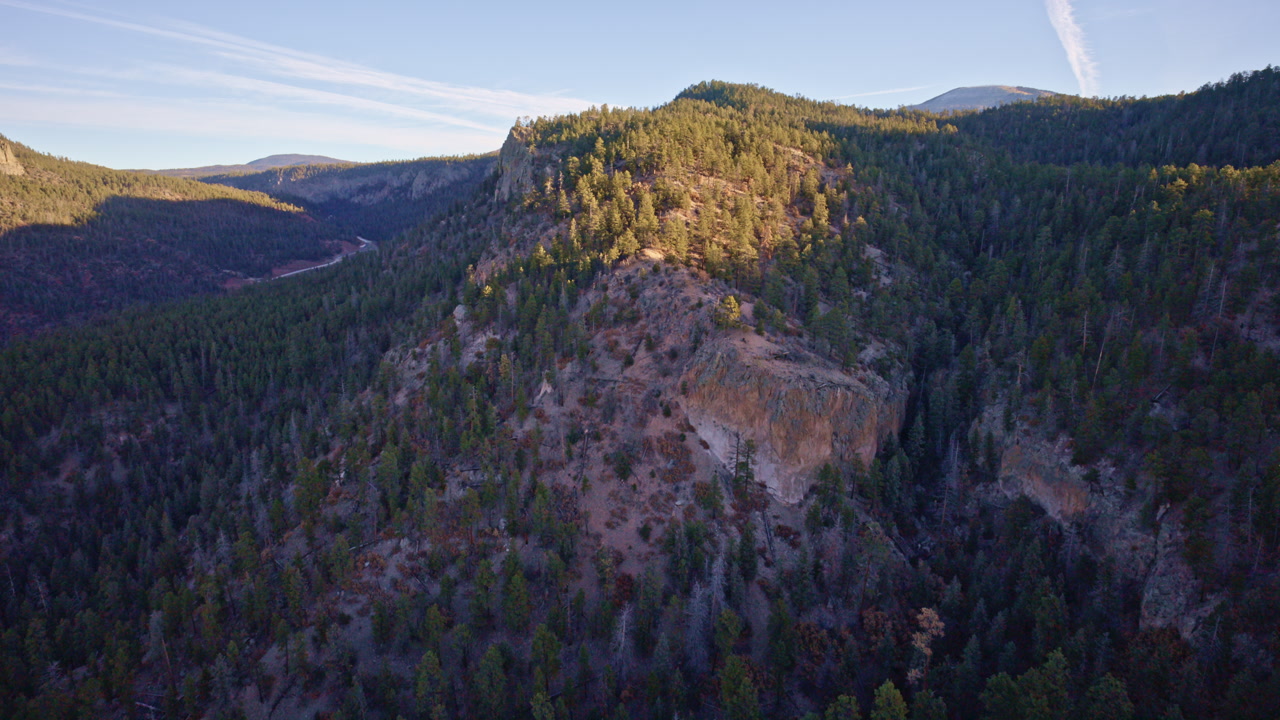 Drone footage capturing rugged high desert cliffs near Los Alamos NM