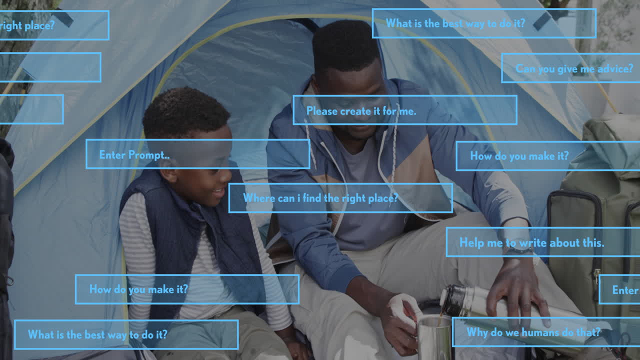 Camping with father, son watching animation with text bubbles asking questions