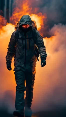 mysterious figure walking through flames in an urban environment