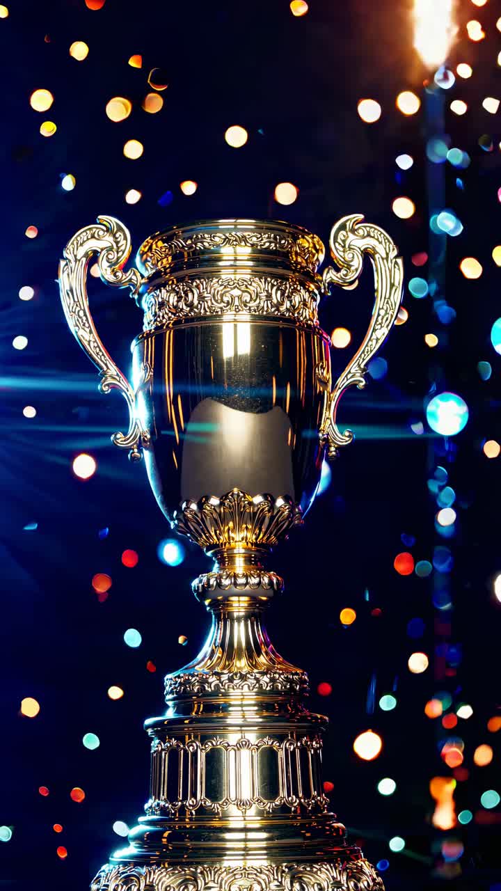 Close-up of a golden trophy with bokeh lights in the background, shot from a low angle