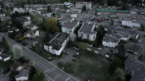 Aerial-view-of-neighbourhood-in-small-city-at-dusk-or-dawn