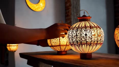 person arranging decorative lanterns