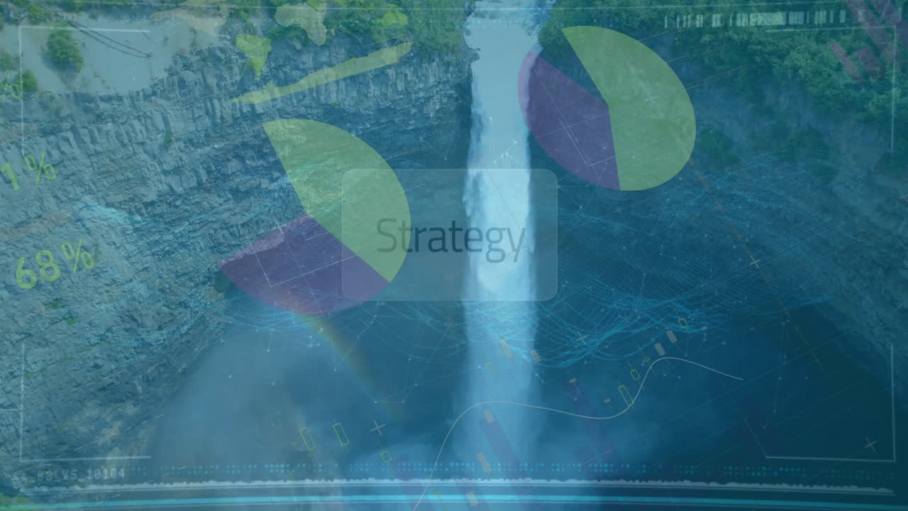 Waterfall landscape with Strategy text and data processing animation overlay