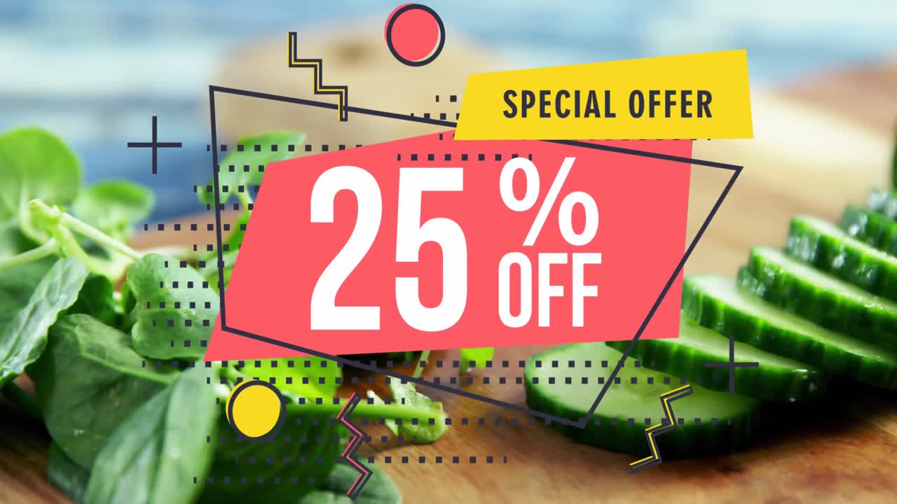 animación de oferta especial y fuera de texto con 25 número y percentil sobre verduras en la mesa