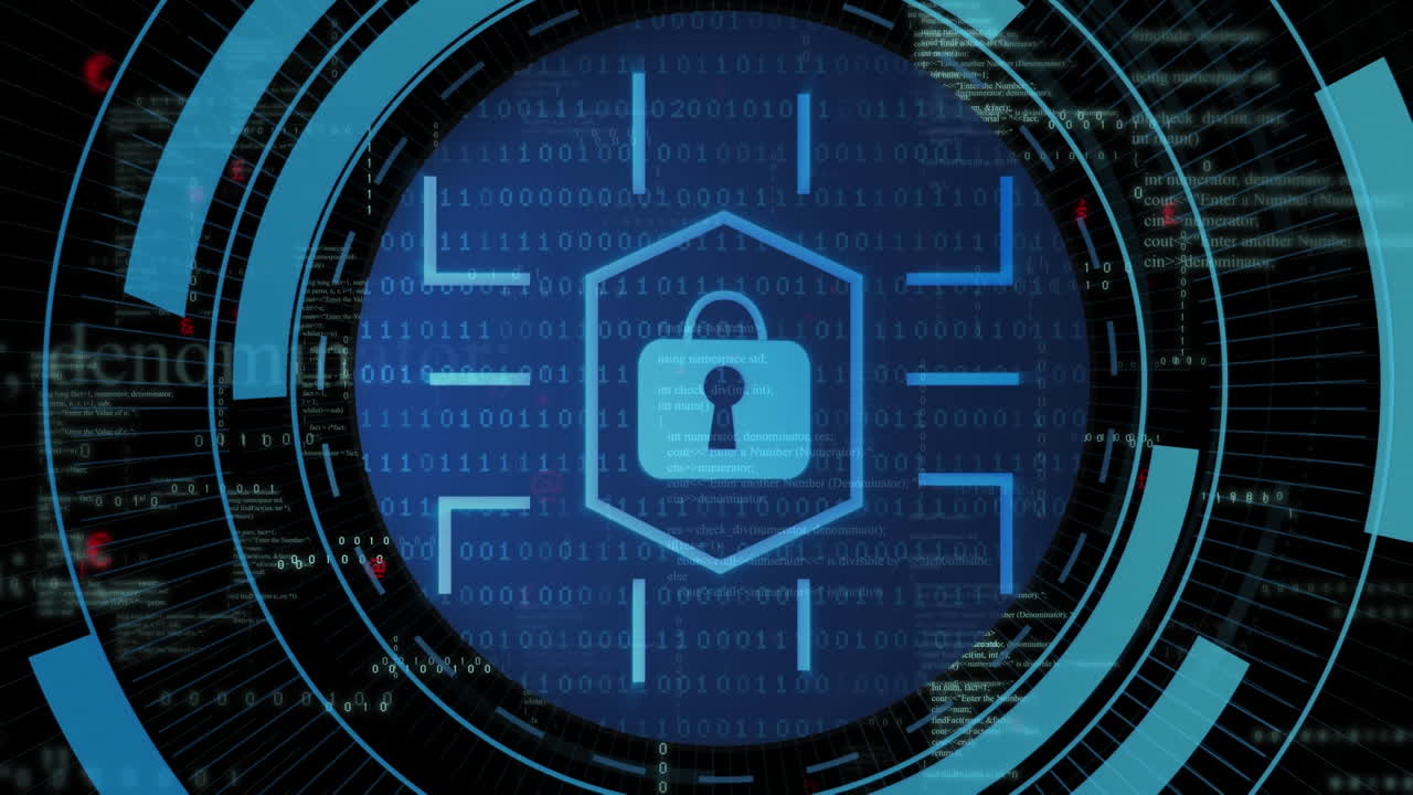 animación del procesamiento de datos sobre un candado y un fondo oscuro