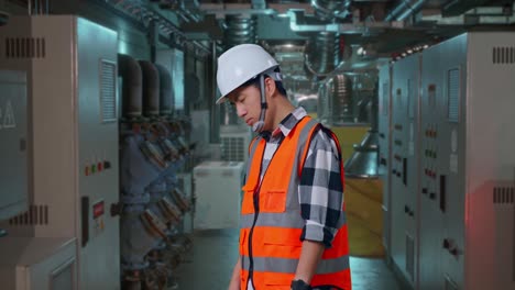 side view of asian male engineer with safety helmet having a headache while working in engine control room, work of electrical generators