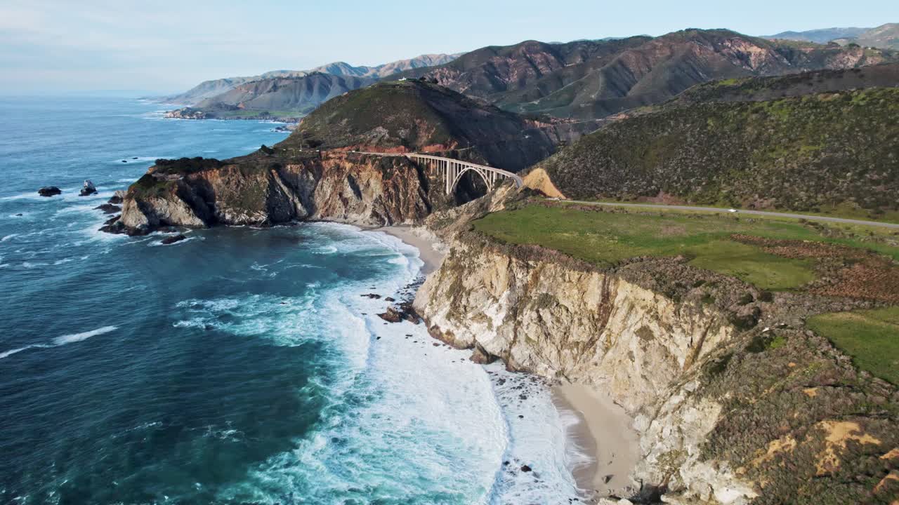 Bixby Bridge Rocky Creek Bridge in Big Sur California via Drone at Sunset