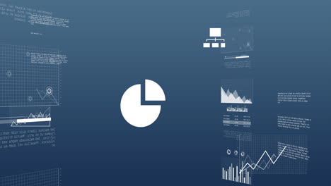 animation of digital data processing and statistics over blue background