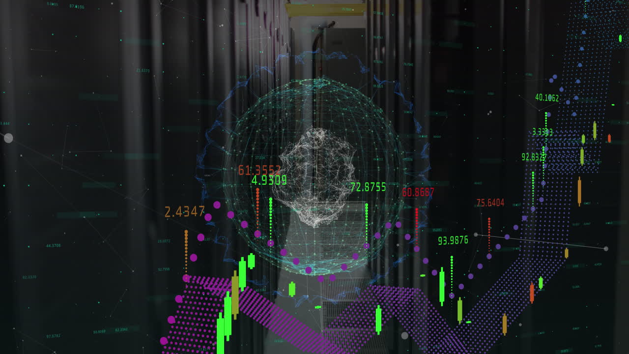animación de gráficos con números sobre puntos conectados que forman globos contra la sala del servidor.