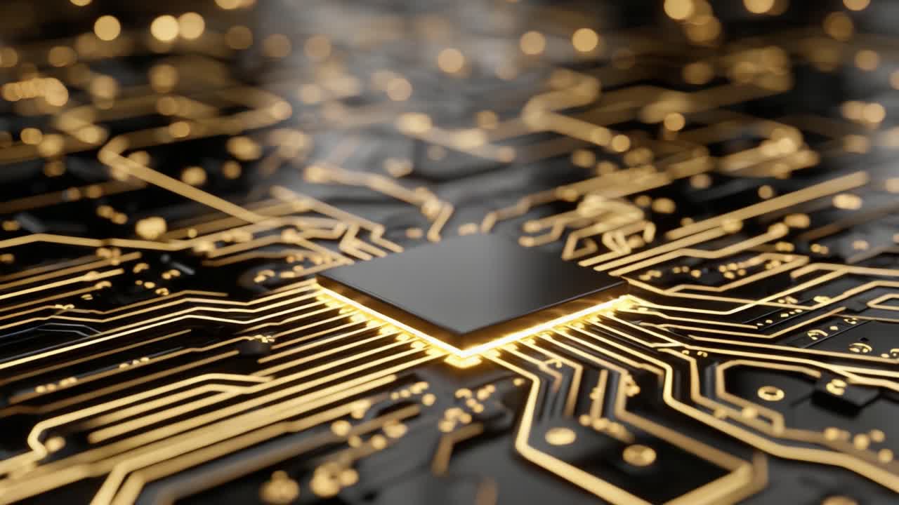A Glimpse into the Heart of Technology: Close-Up on a Circuit Board Featuring a Central Processing Unit Surrounded by Glowing Elements and Complex Connections