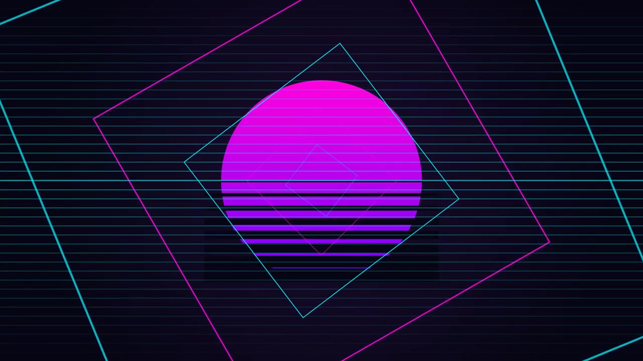 Sole Animato in Stile Retro Synthwave con Cornici Geometriche
