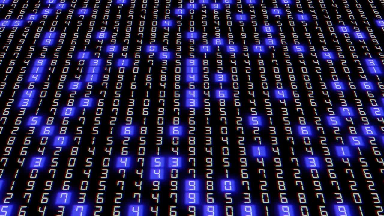 código digital de datos grandes hexadecimales con luz azul aleatoria en un fondo negro. procesamiento de datos. tecnología de la información futurista. conexión de red. 4k