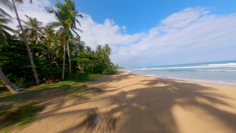 Drone-Low-Angle-Perspective-of-Long-Coastline,-Palm-Trees-of-Playa-De-Coson-Beach-Resort,-Dominican-Republic---fpv-shot