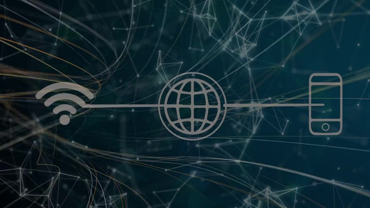 On start three network icons appearing while fiber strands sweeping left and visualizing data flow