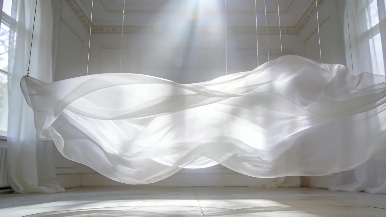 Painéis de tecido branco translúcido esvoaçantes pendurados em cordões finos, reagindo a um raio de sol em um estúdio iluminado.