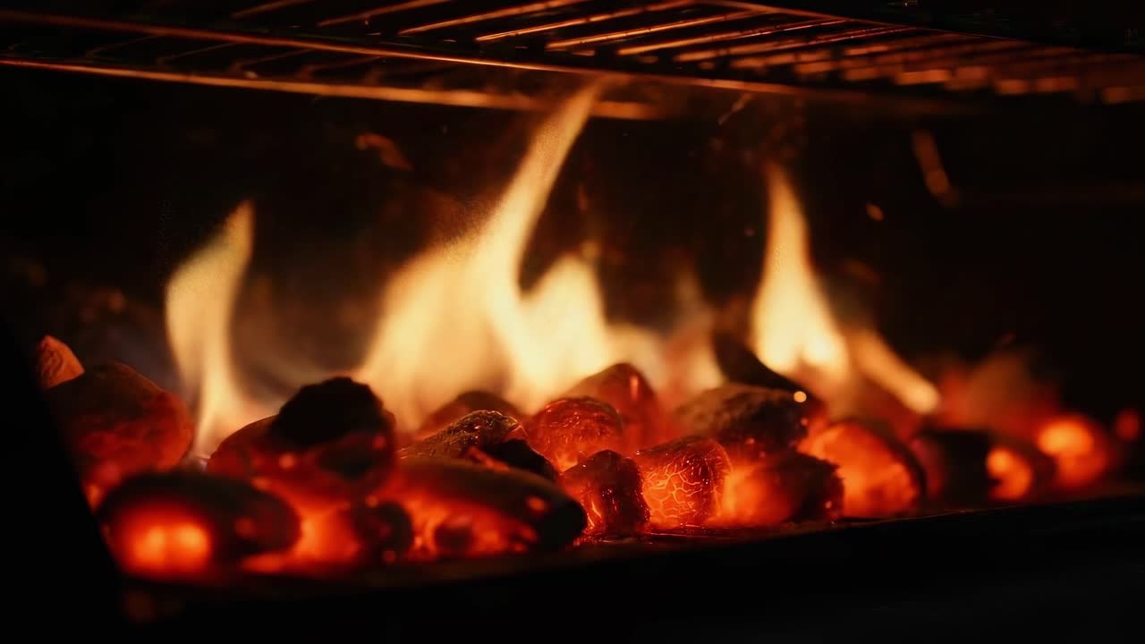 Fiamme intense e carboni ardenti che bruciano in un barbecue