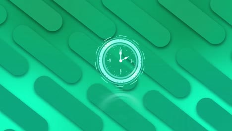 Animation-of-digital-clock-over-looping-bars-against-green-background