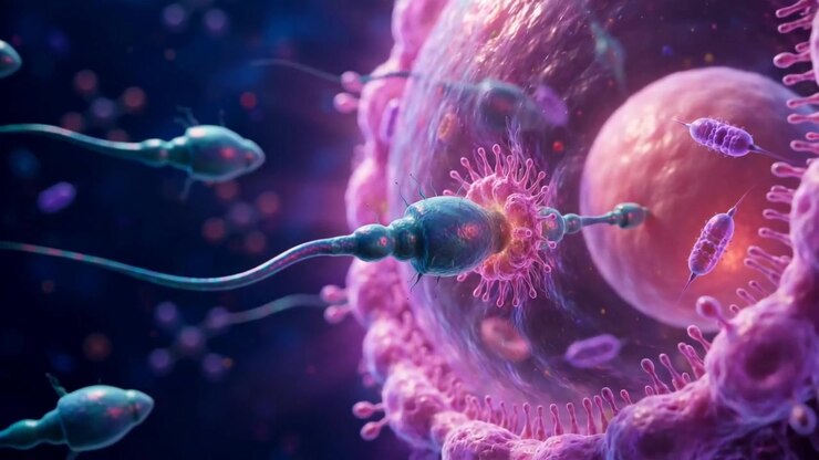 Concetto di fecondazione umana con animazione di spermatozoi che si avvicinano all'ovulo