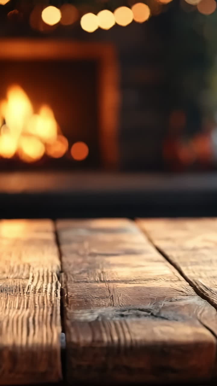 A fireplace with a fire burning in it. The fire is orange and yellow. The room is warm and cozy