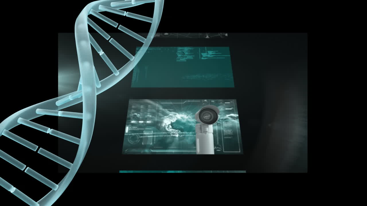 Animation of spinning dna strand over moving screens with data processing