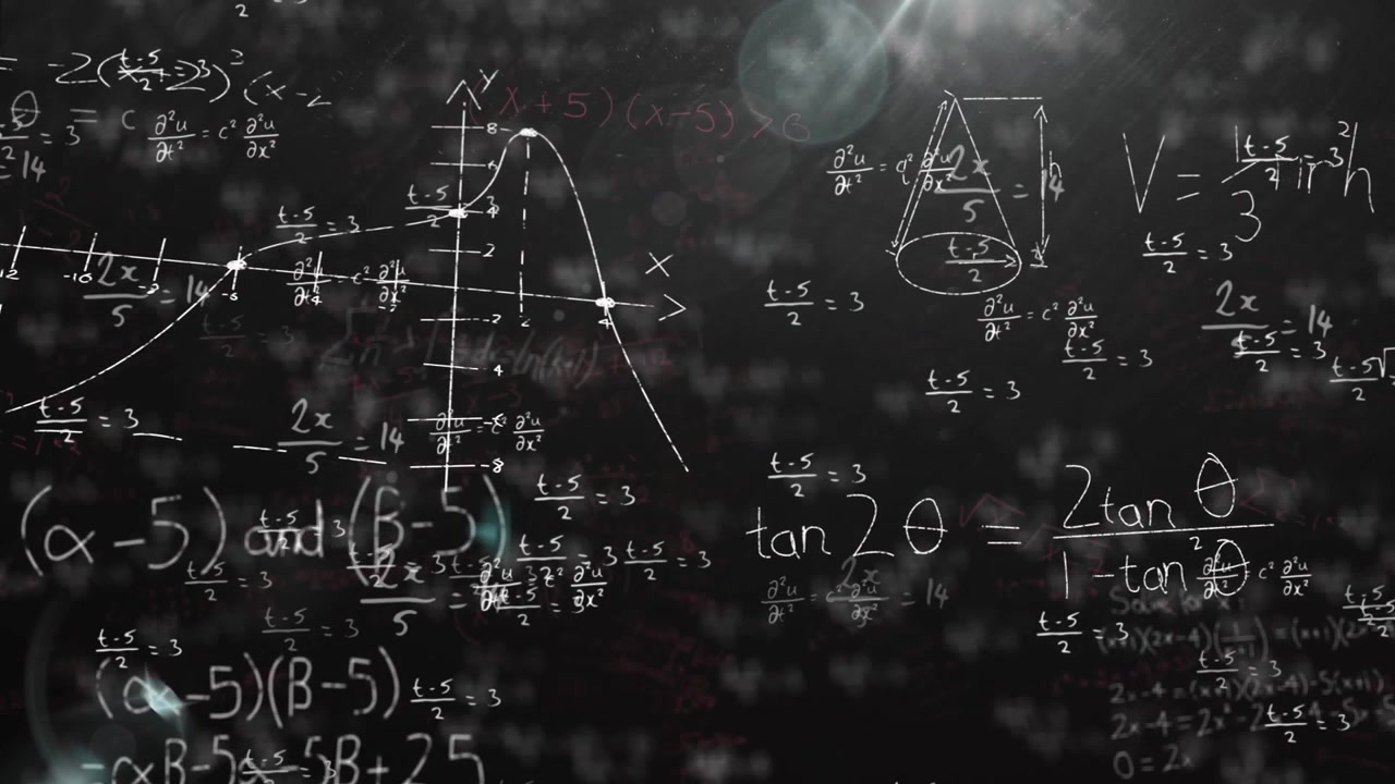 Chalkboard showing hand-drawn math formulas covering surface, plotting curve and cone diagram
