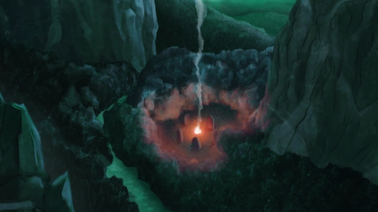 빛나는 불과 함께 환상적인 산 계곡