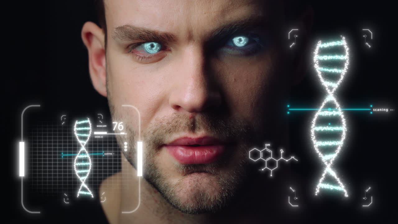 Portrait man dna holograms vision analysing genes collecting biological data