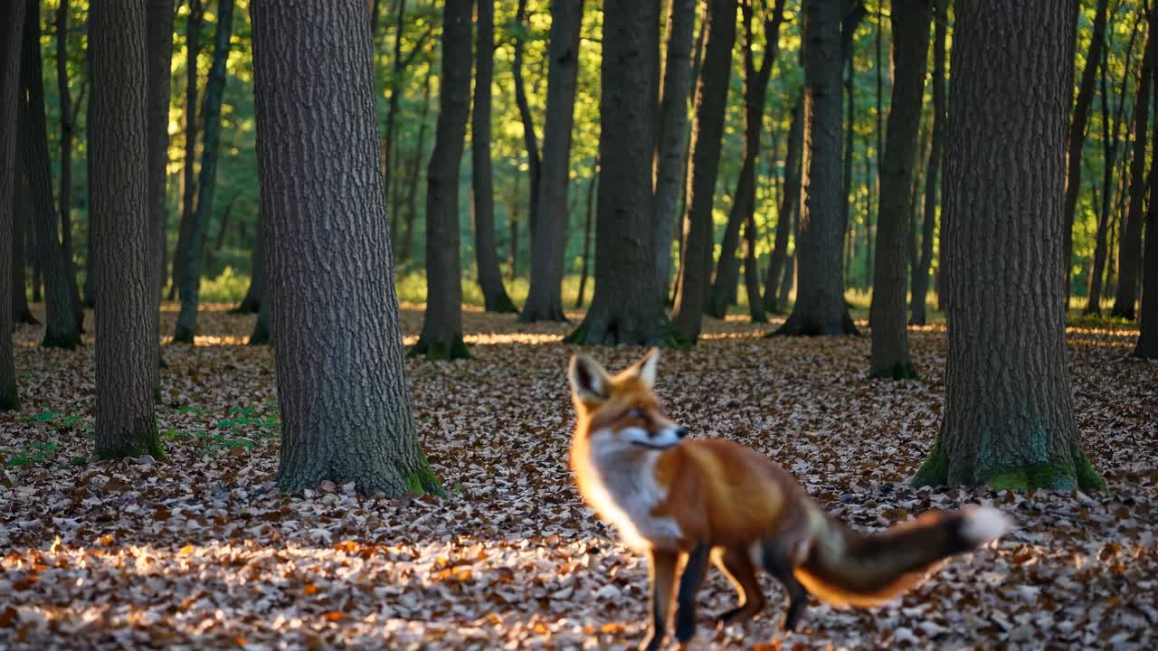 A low-angle video frame captures a fox in a sunlit forest, surrounded by tall trees and fallen