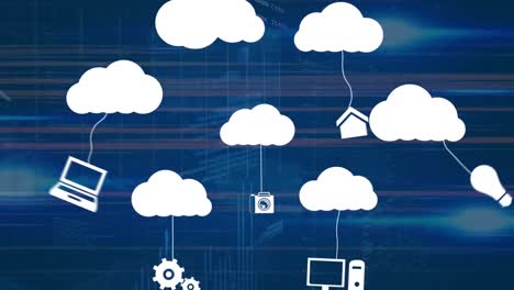 animation of clouds with media icons and data processing on blue background