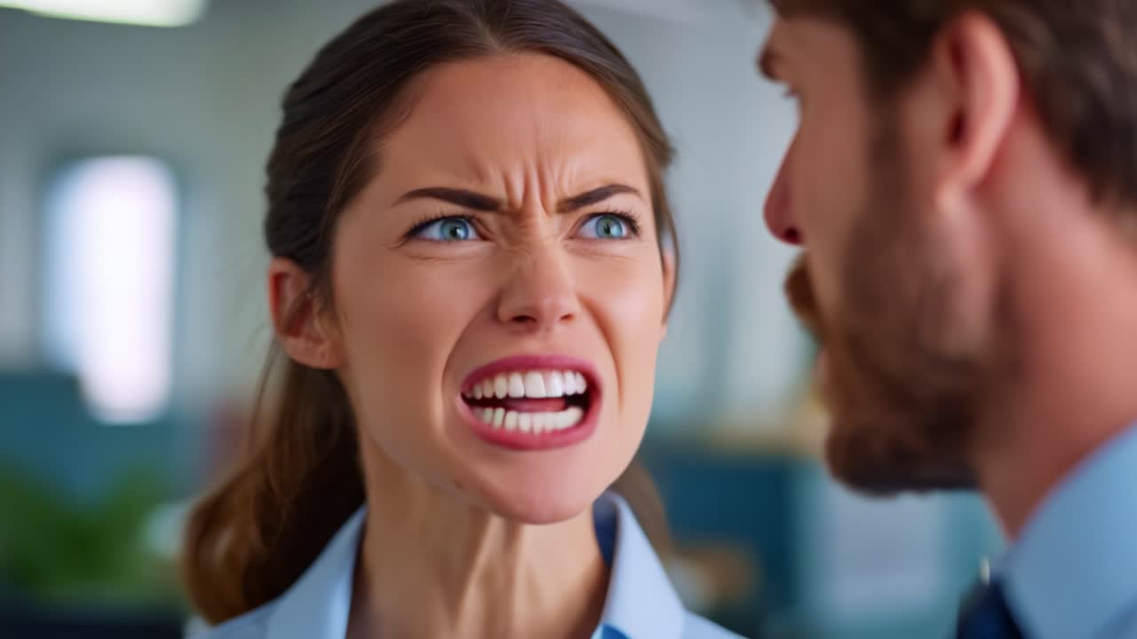 Intensa discussione in un ufficio con una donna che esprime rabbia mentre parla con un uomo, mostrando forti emozioni e tensione in un ambiente professionale