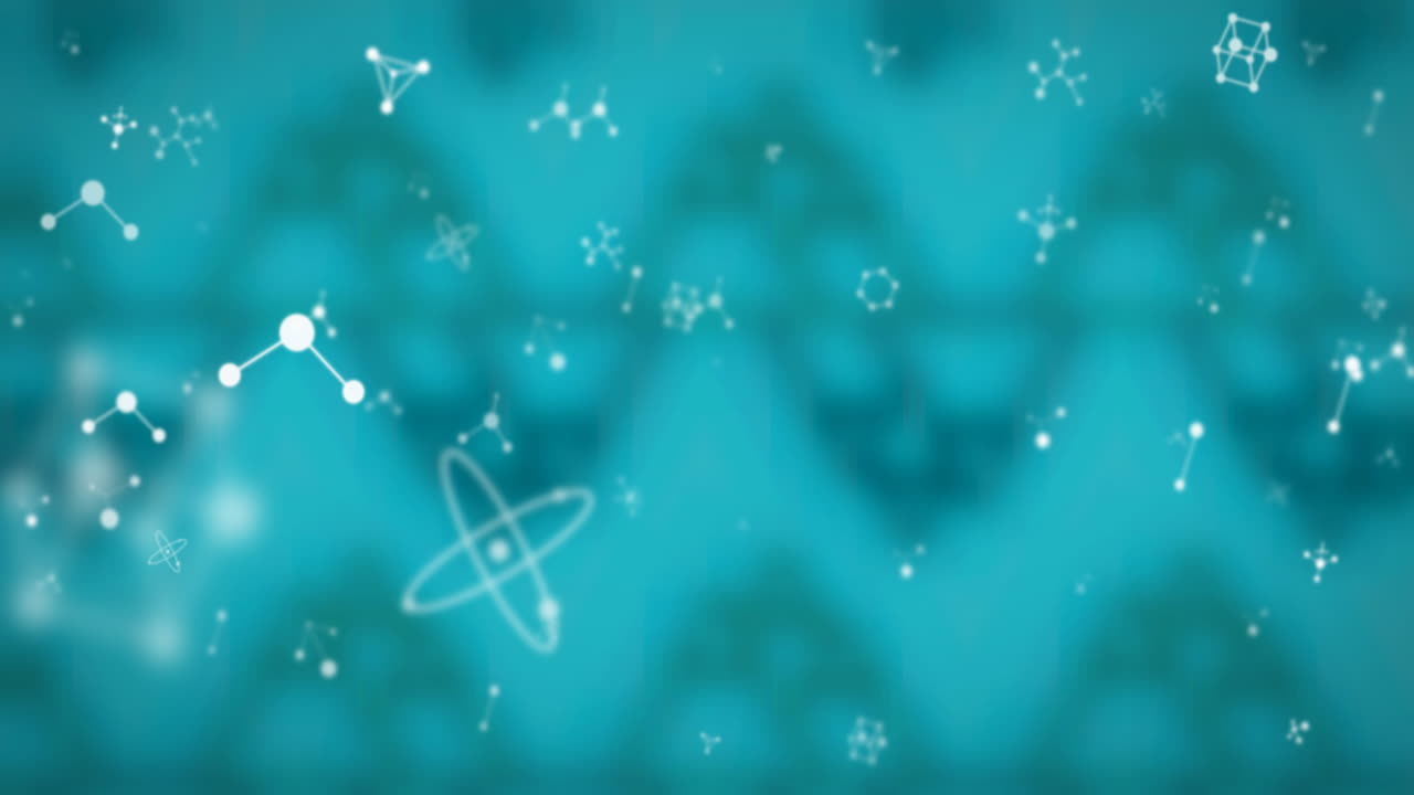 Digital animation of molecular structures against seamless pattern design on blue background
