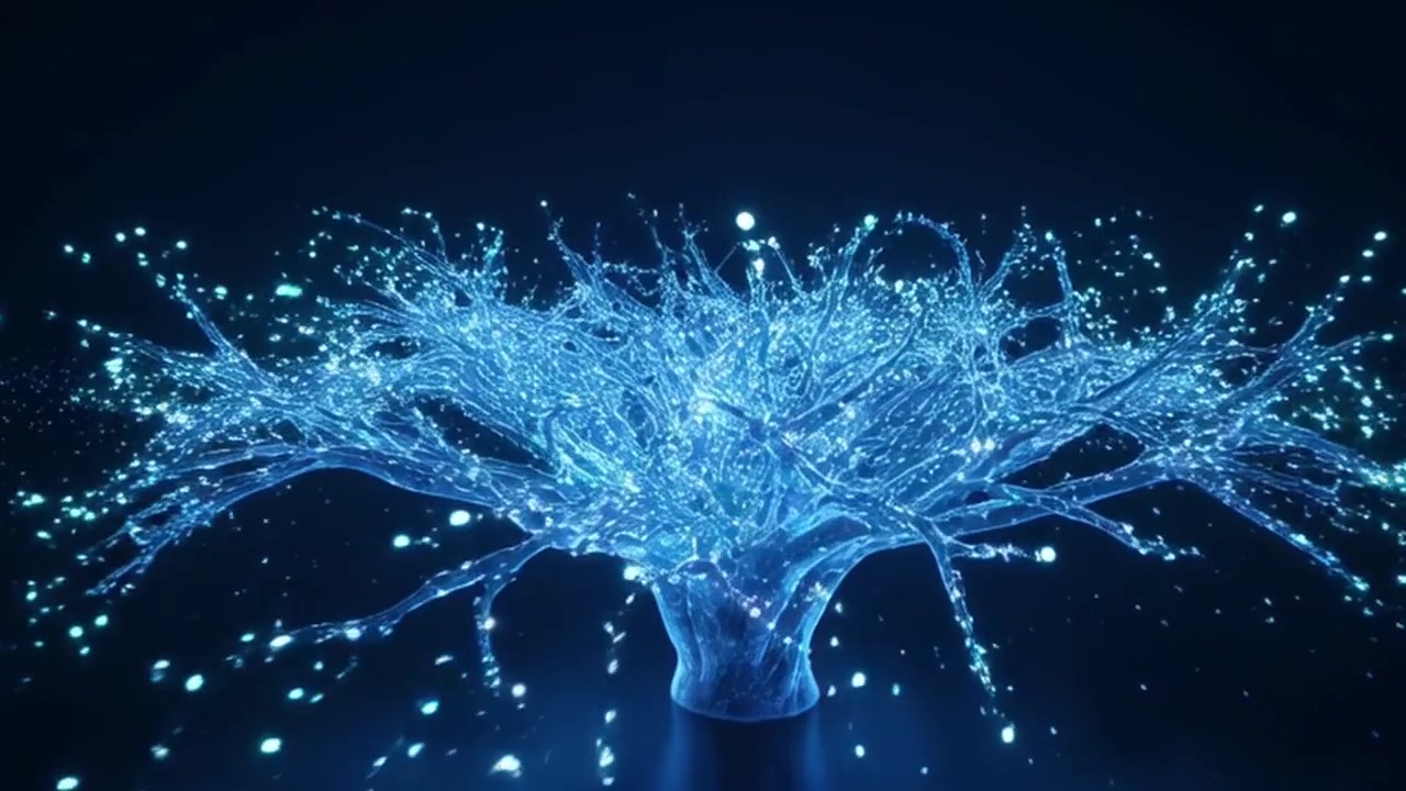 Digital Tree Growing and Expanding with Glowing Blue Particles