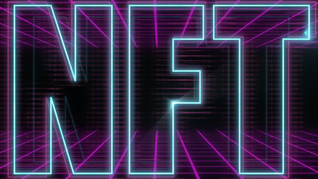 Animazione digitale di banner di testo NFT al neon su rete a griglia viola su sfondo nero