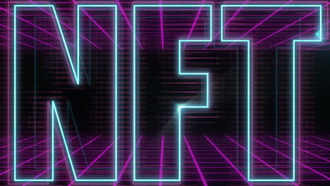 digital animation of neon nft text banner over purple grid network against black background