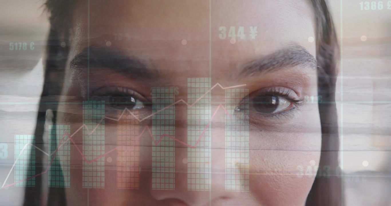Olhar feminino, dados em grade se formando no rosto, gráficos de barras subindo, gráfico de linha sendo desenhado em visualização analítica
