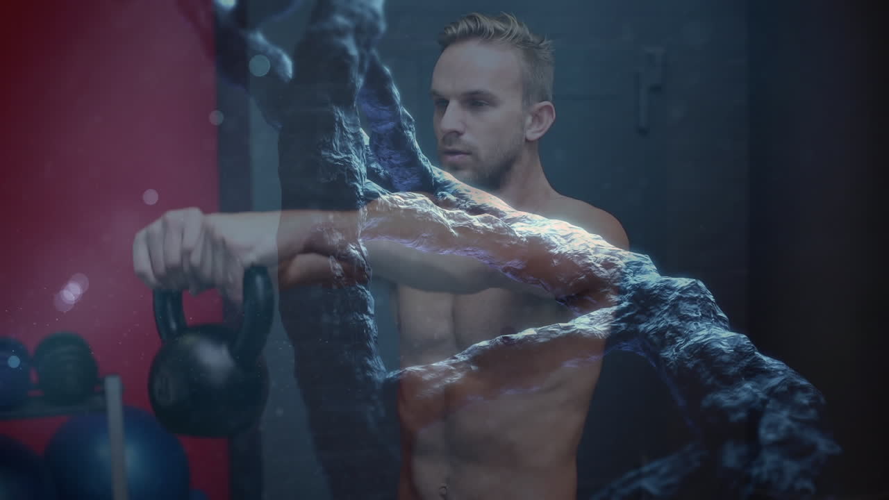 데이터 프로세싱과 강인한 사람의 운동을 하는 dna 가닥의 애니메이션