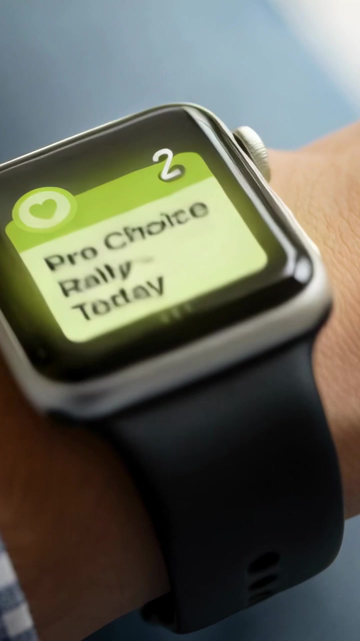 Vertical video: Smartwatch receiving notification, wrist tilting at home, checking Pro Choice Rally