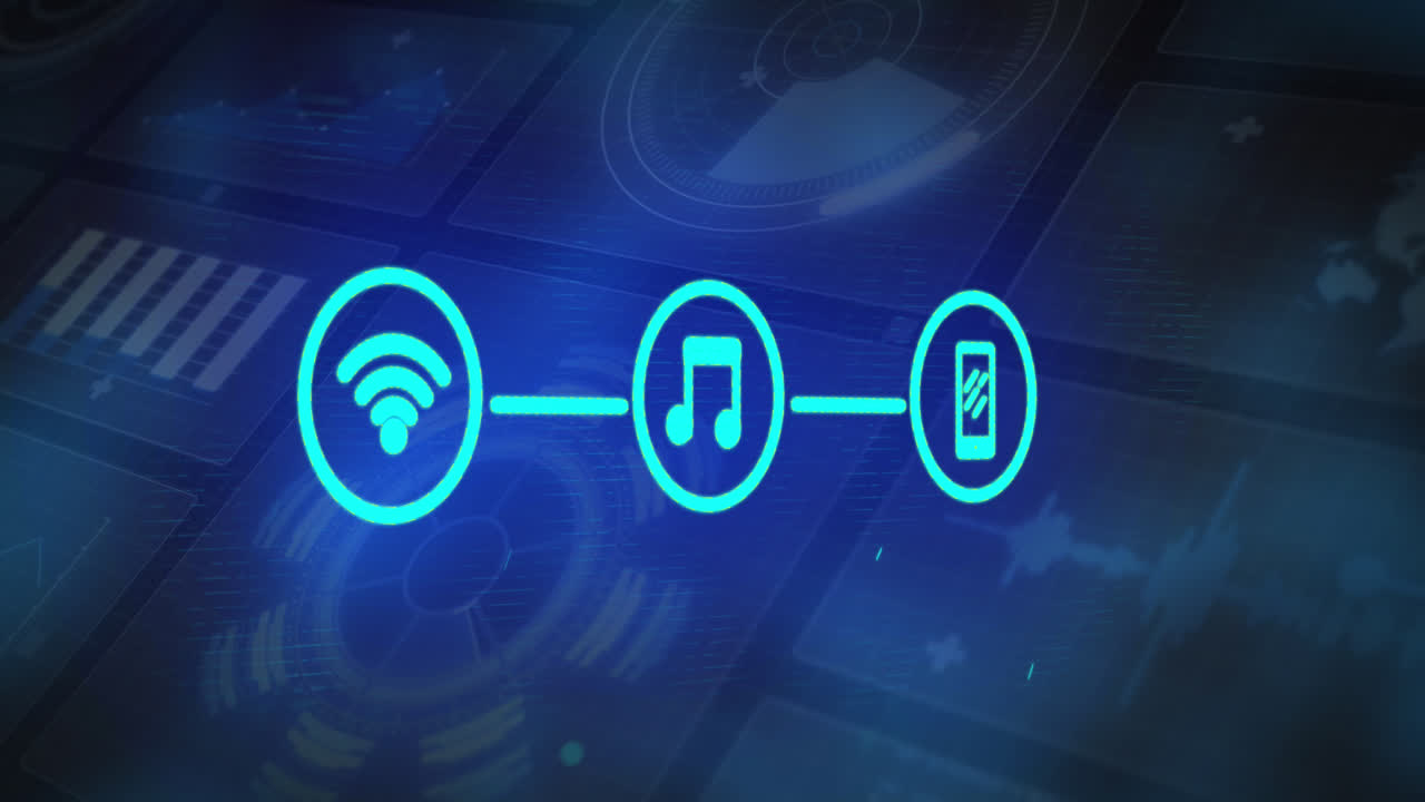 animación de una red de iconos digitales contra la interfaz con procesamiento de datos en fondo azul.