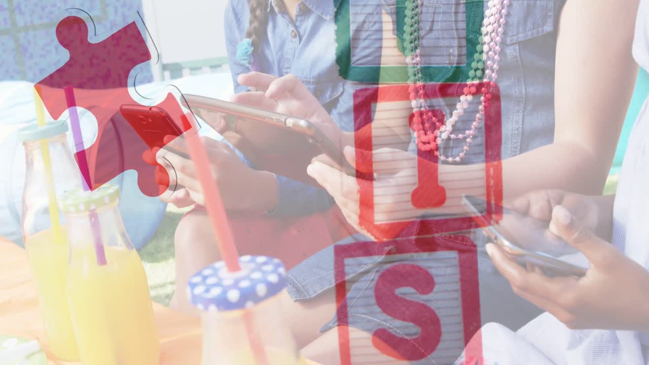 스마트 폰과 태블릿을 사용하는 어린이들을 대상으로 다채로운 퍼즐 조각과 자폐증 텍스트의 애니메이션